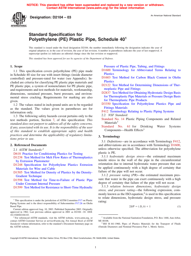 ASTM D2104-03 - Standard Specification for Polyethylene (PE) Plastic Pipe, Schedule 40 (Withdrawn 2010)