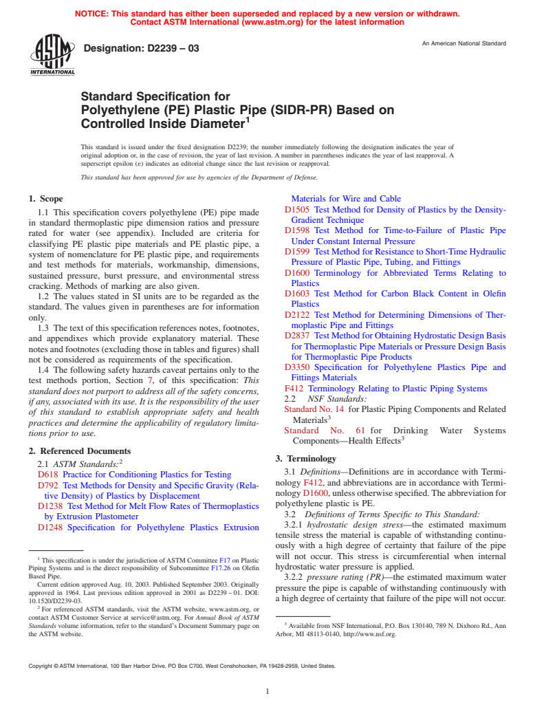 ASTM D2239-03 - Standard Specification for Polyethylene (PE) Plastic Pipe (SIDR-PR) Based on Controlled Inside Diameter