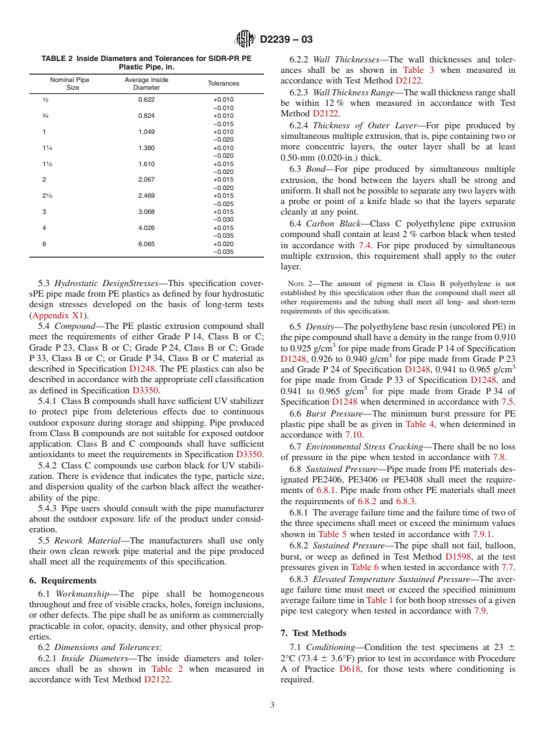 ASTM D2239-03 - Standard Specification for Polyethylene (PE) Plastic Pipe (SIDR-PR) Based on Controlled Inside Diameter