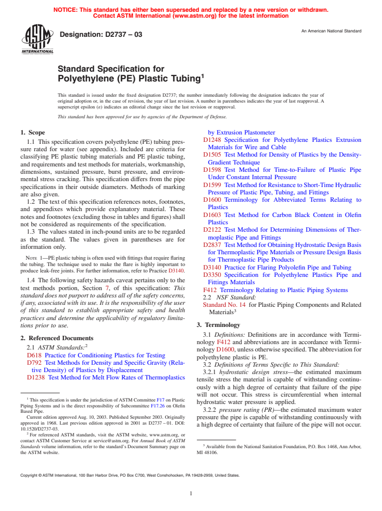 ASTM D2737-03 - Standard Specification for Polyethylene (PE) Plastic Tubing