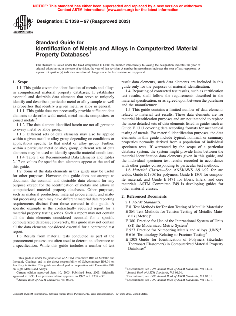 ASTM E1338-97(2003) - Guide for Identification of Metals and Alloys in Computerized Material Property Databases