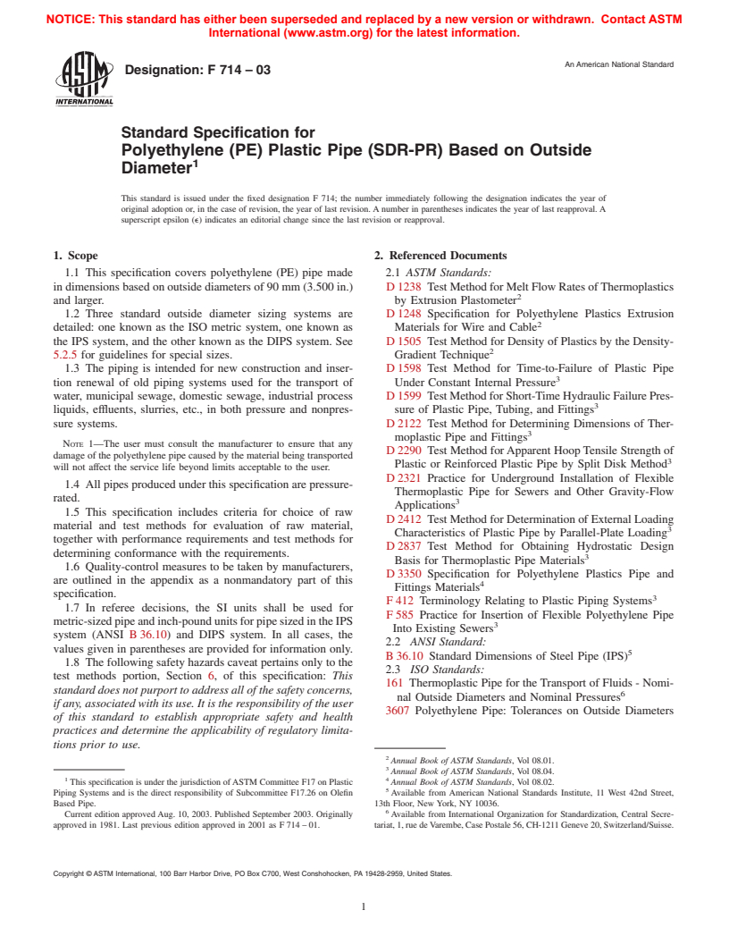 ASTM F714-03 - Standard Specification for Polyethylene (PE) Plastic Pipe (SDR-PR) Based on Outside Diameter