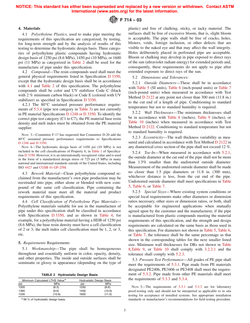 ASTM F714-03 - Standard Specification for Polyethylene (PE) Plastic Pipe (SDR-PR) Based on Outside Diameter