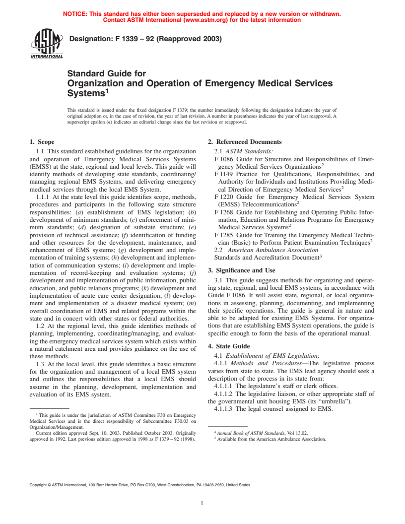 ASTM F1339-92(2003) - Standard Guide for Organization and Operation of Emergency Medical Services Systems