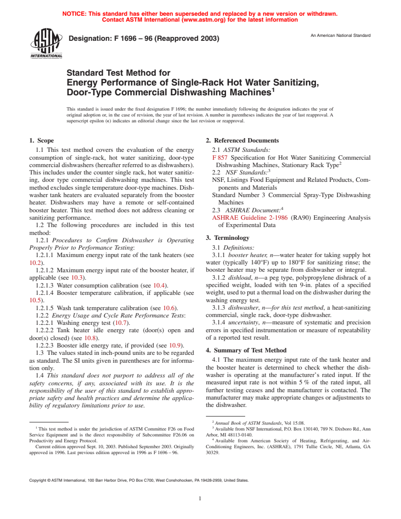 ASTM F1696-96(2003) - Standard Test Method for Energy Performance of Single-Rack Hot Water Sanitizing, Door-Type Commerical Dishwashing Machines