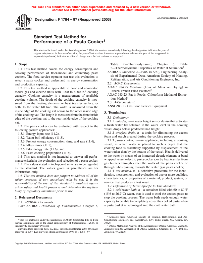 ASTM F1784-97(2003) - Standard Test Method for Performance of a Pasta Cooker