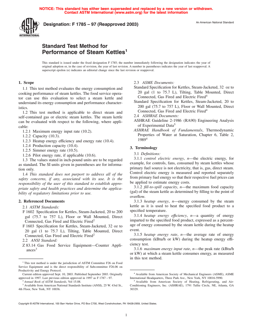 ASTM F1785-97(2003) - Standard Test Method for Performance of Steam Kettles