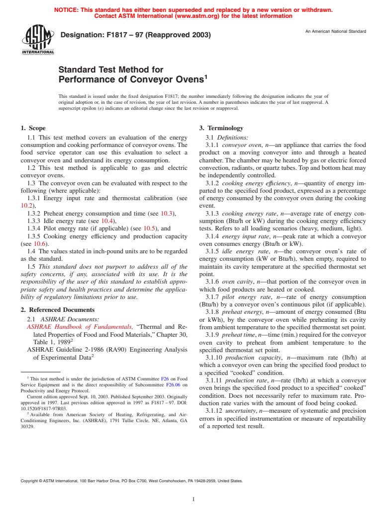 ASTM F1817-97(2003) - Standard Test Method for Performance of Conveyor Ovens