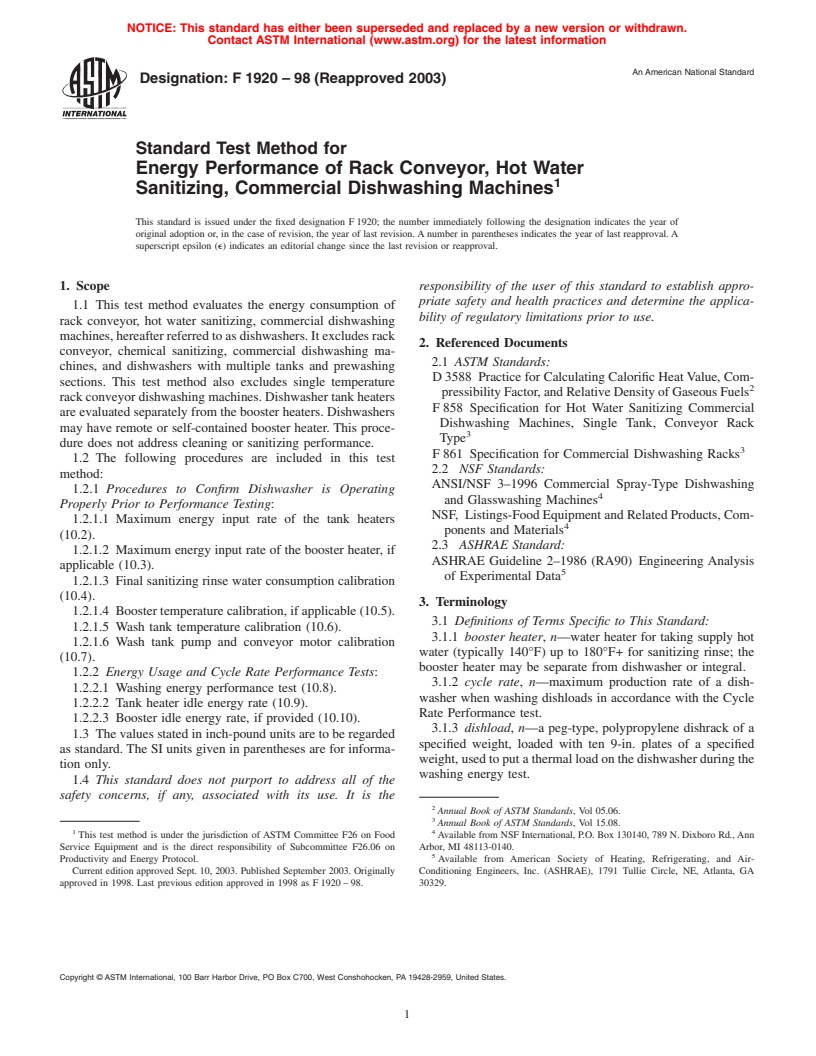 ASTM F1920-98(2003) - Standard Test Method for Energy Performance of Rack Conveyor, Hot Water Sanitizing, Commercial Dishwashing Machines