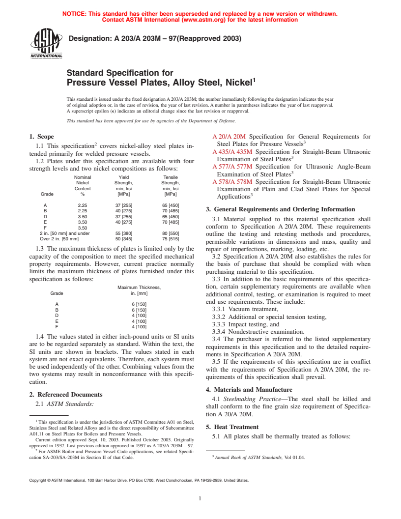 ASTM A203/A203M-97(2003) - Standard Specification for Pressure Vessel Plates, Alloy Steel, Nickel