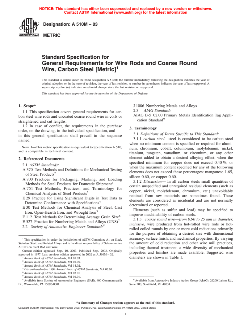 ASTM A510M-03 - Standard Specification for General Requirements for Wire Rods and Coarse Round Wire, Carbon Steel [Metric]