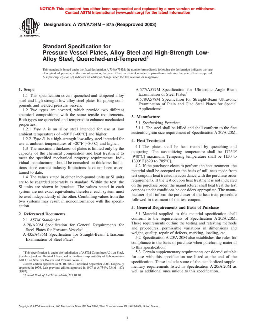 ASTM A734/A734M-87a(2003) - Standard Specification for Pressure Vessel Plates, Alloy Steel and High-Strength Low-Alloy Steel, Quenched-and-Tempered