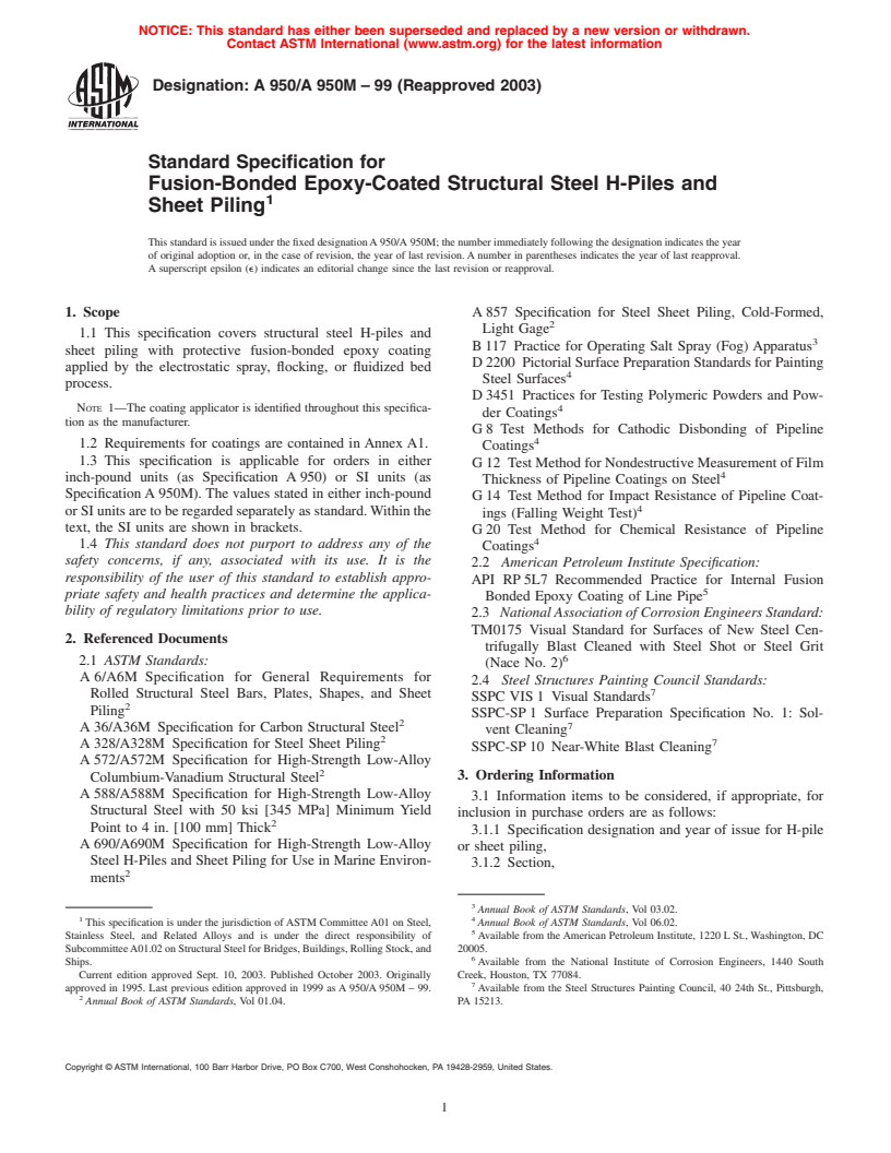 ASTM A950/A950M-99(2003) - Standard Specification for Fusion Bonded Epoxy-Coated Structural Steel H-Piles and Sheet Piling