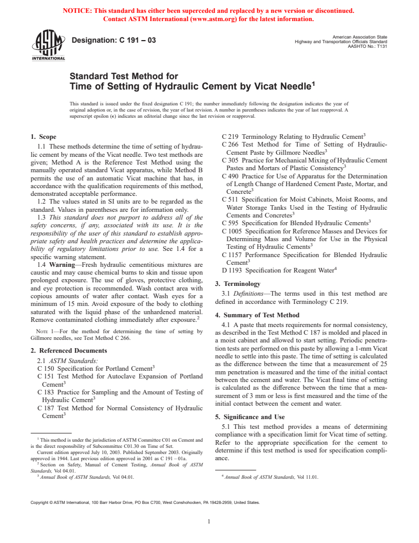 ASTM C191-03 - Standard Test Method for Time of Setting of Hydraulic Cement by Vicat Needle