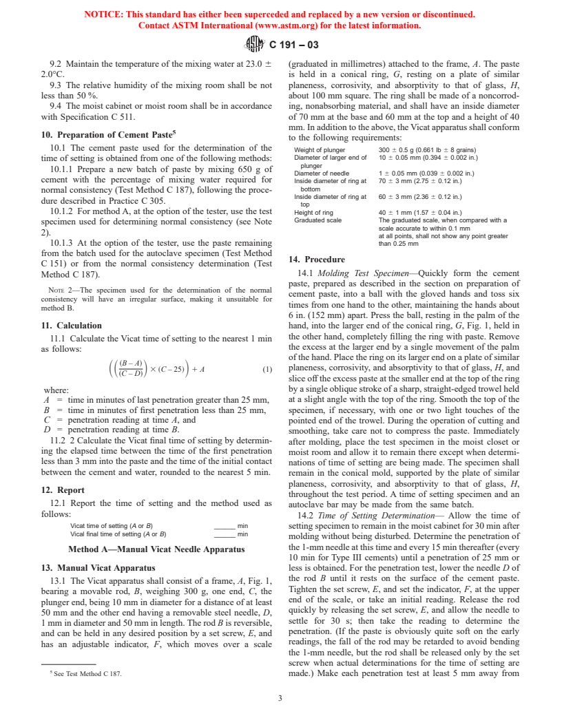 ASTM C191-03 - Standard Test Method for Time of Setting of Hydraulic Cement by Vicat Needle