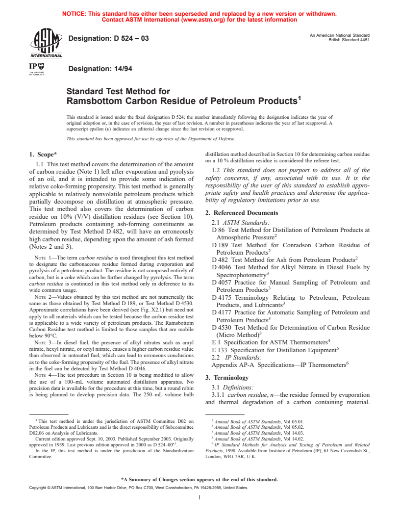 ASTM D524-03 - Standard Test Method for Ramsbottom Carbon Residue of Petroleum Products