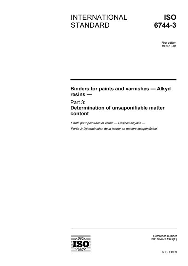 ISO 6744-3:1999 - Binders for paints and varnishes -- Alkyd resins