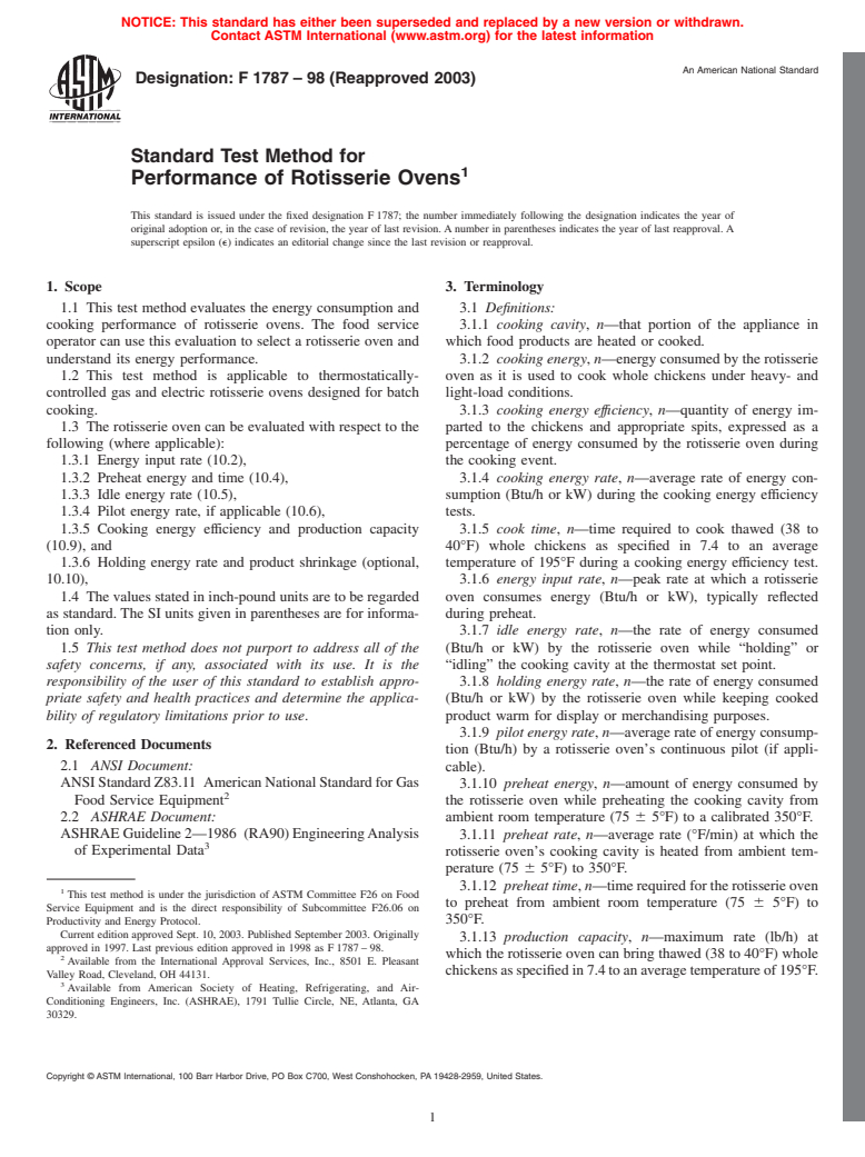 ASTM F1787-98(2003) - Standard Test Method for Performance of Rotisserie Ovens