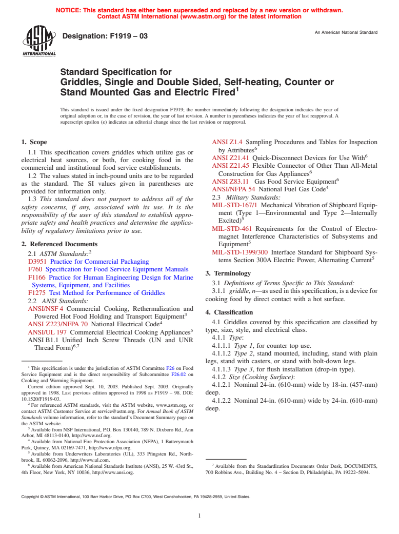 ASTM F1919-03 - Standard Specification for Griddles, Single and Double Sided, Self-heating, Counter or Stand Mounted Gas and Electric Fired