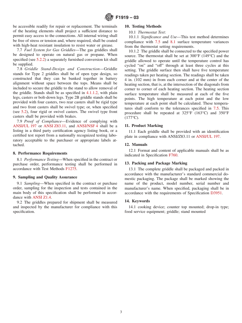 ASTM F1919-03 - Standard Specification for Griddles, Single and Double Sided, Self-heating, Counter or Stand Mounted Gas and Electric Fired