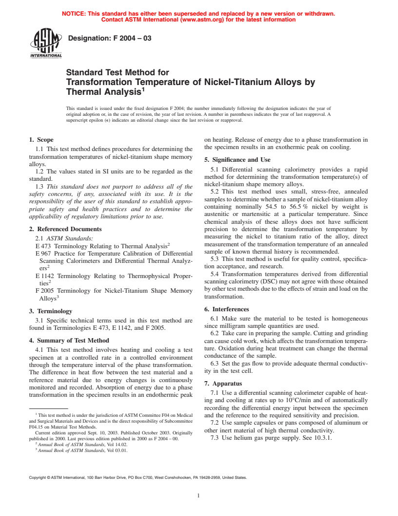 ASTM F2004-03 - Standard Test Method for Transformation Temperature of Nickel-Titanium Alloys by Thermal Analysis