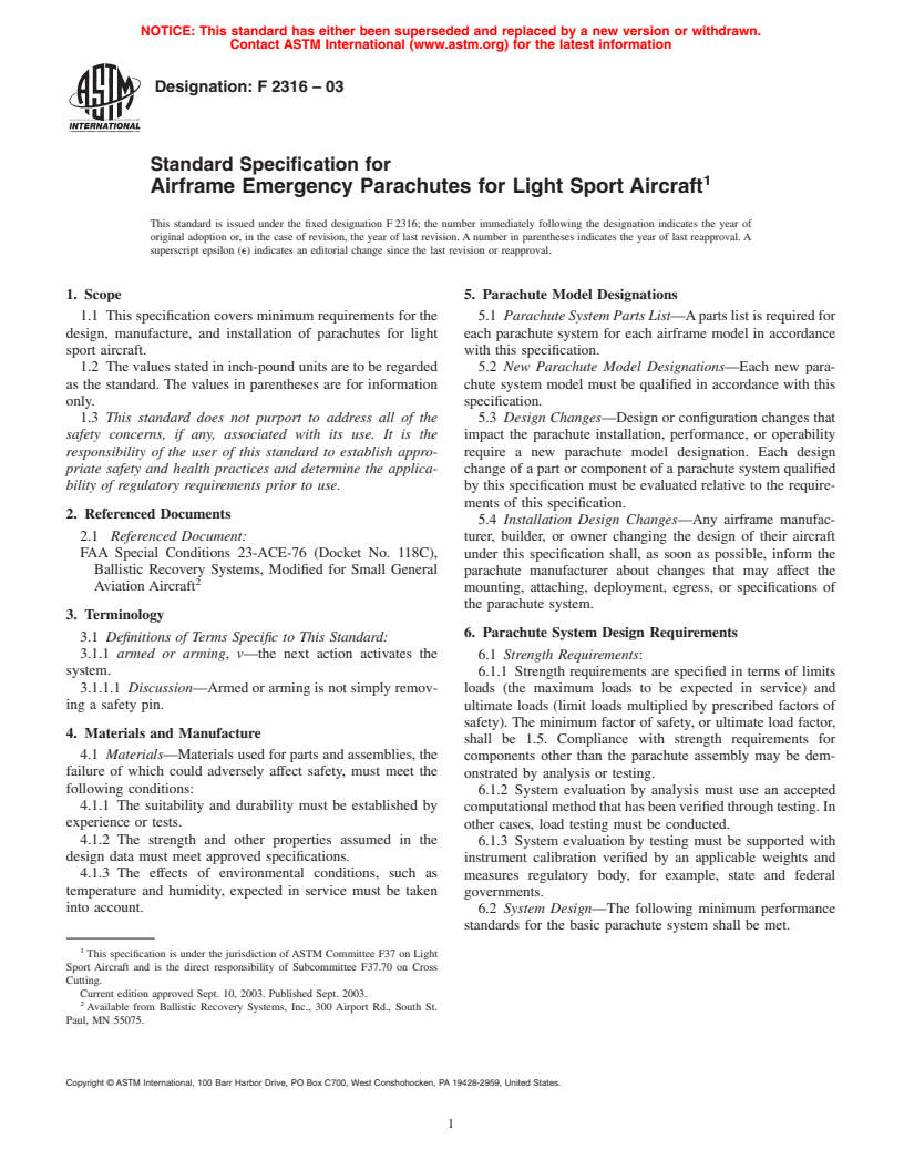 ASTM F2316-03 - Standard Specification for Airframe Emergency Parachutes for Light Sport Aircraft