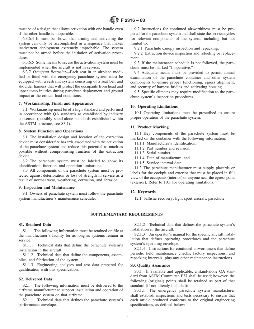 ASTM F2316-03 - Standard Specification for Airframe Emergency Parachutes for Light Sport Aircraft