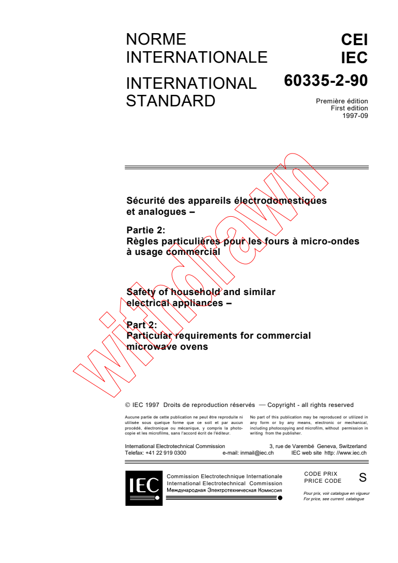IEC 60335-2-90:1997 - Safety of household and similar electrical appliances - Part 2: Particular requirements for commercial microwave ovens
Released:9/26/1997
Isbn:2831839416