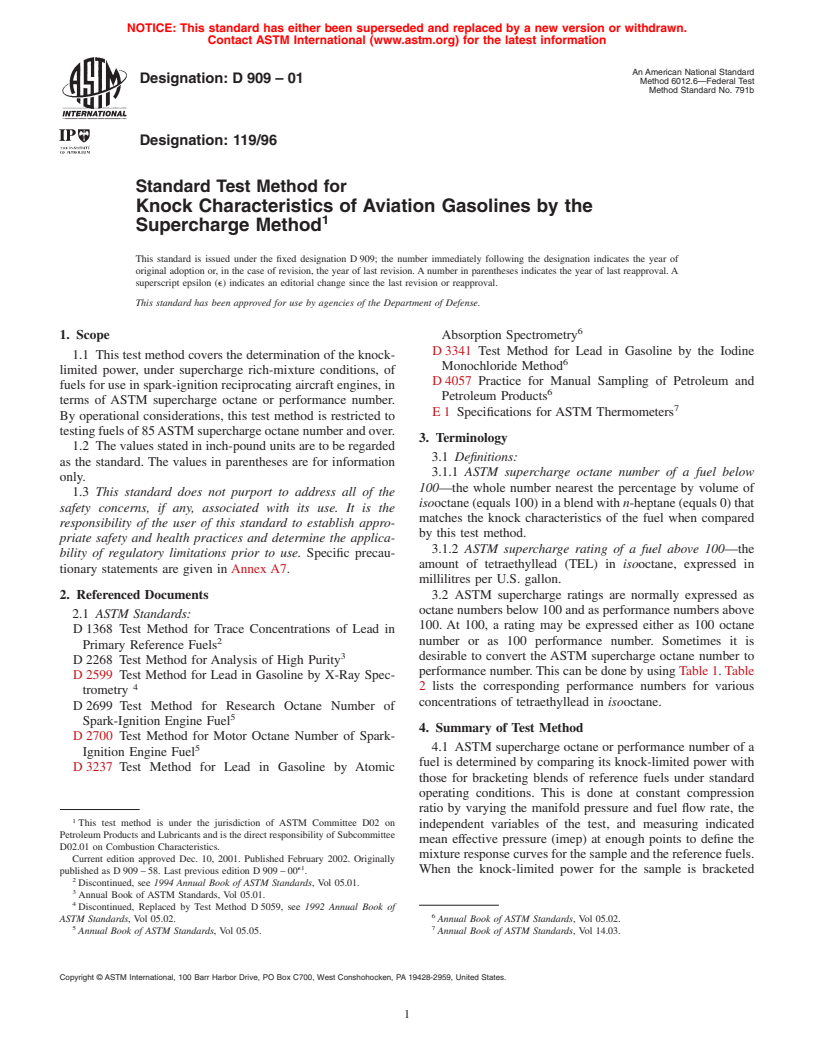 ASTM D909-01 - Standard Test Method for Knock Characteristics of Aviation Gasoline's by the Supercharge Method