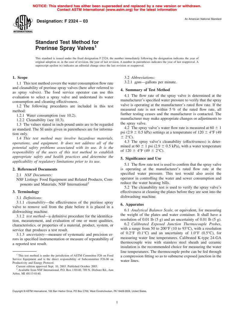 ASTM F2324-03 - Standard Test Method for Prerinse Spray Valves