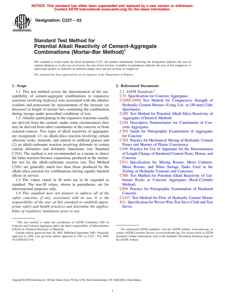 ASTM C227-03 - Standard Test Method for Potential Alkali Reactivity of Cement-Aggregate Combinations (Mortar-Bar Method)