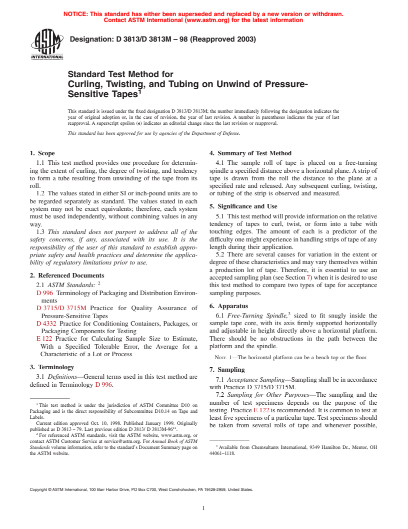 ASTM D3813/D3813M-98(2003) - Standard Test Method for Curling and Twisting on Unwinding of Pressure-Sensitive Tapes