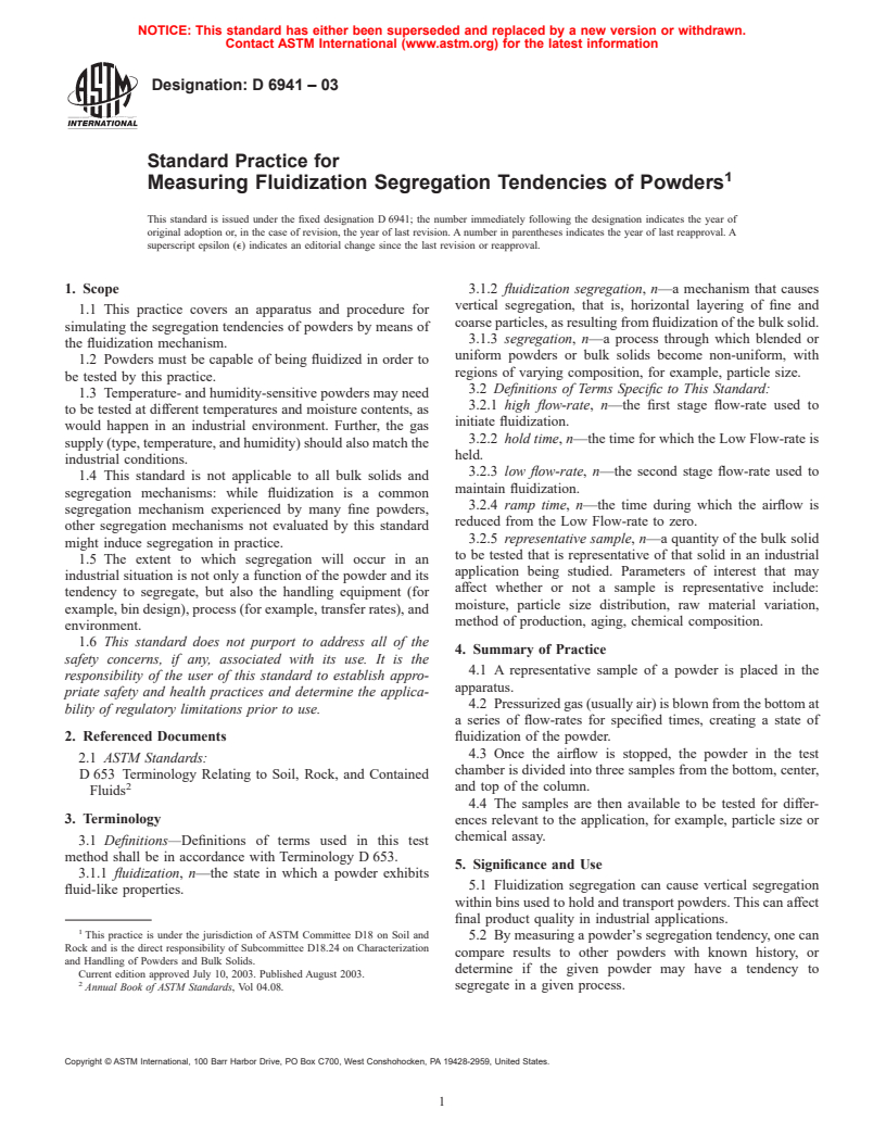 ASTM D6941-03 - Standard Practice for Measuring Fluidization Segregation Tendencies of Powders