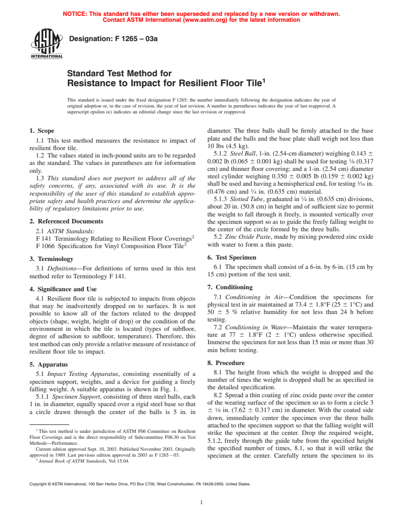 ASTM F1265-03a - Standard Test Method for Resistance to Impact for Resilient Floor Tile