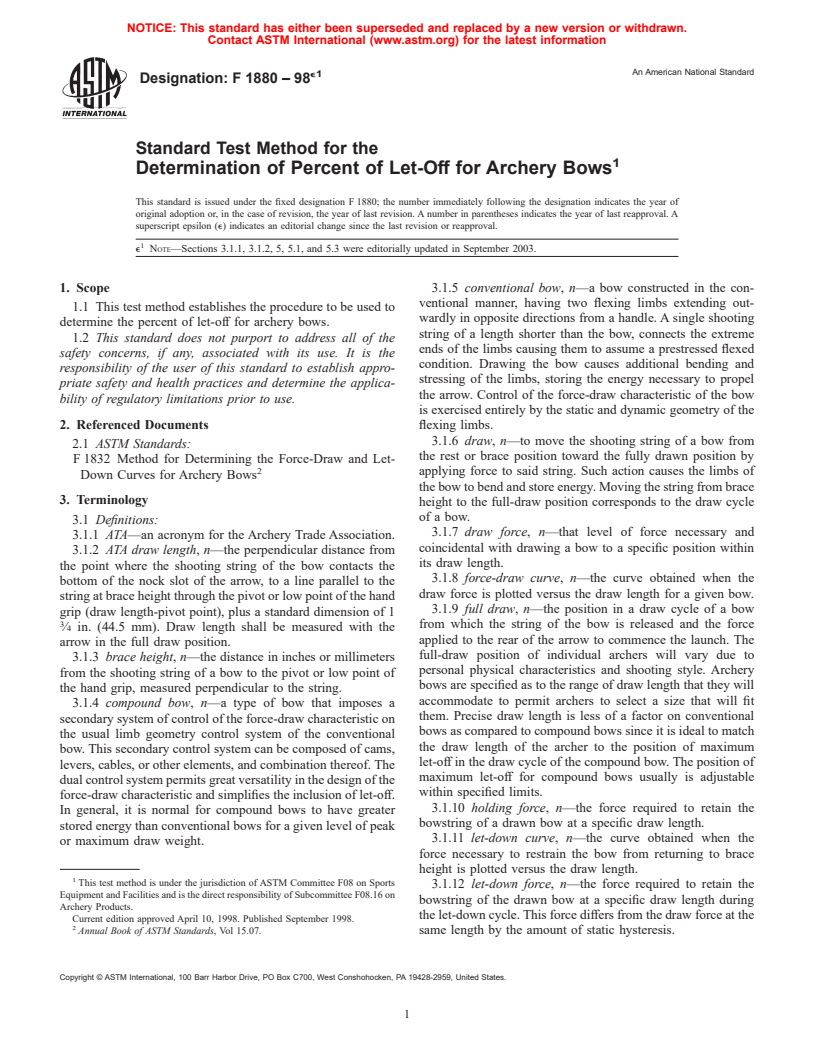 ASTM F1880-98e1 - Standard Test Method for the Determination of Percent of Let-Off for Archery Bows