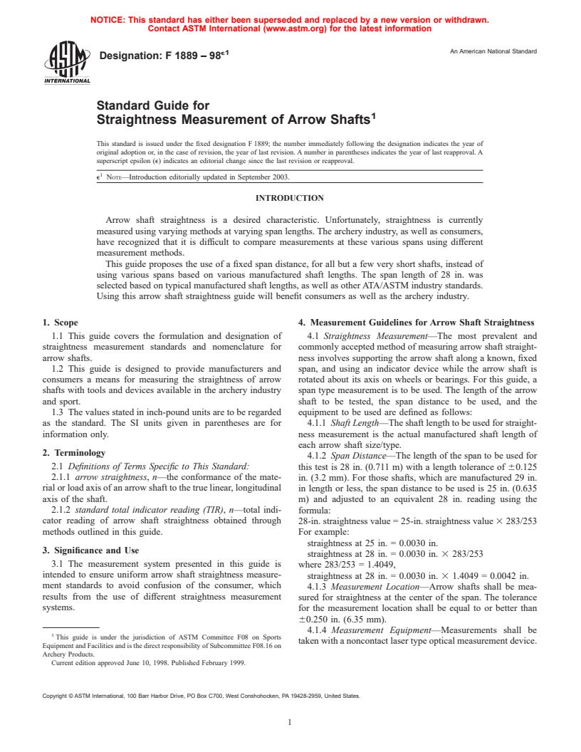 ASTM F1889-98e1 - Standard Guide for Straightness Measurement of Arrow Shafts