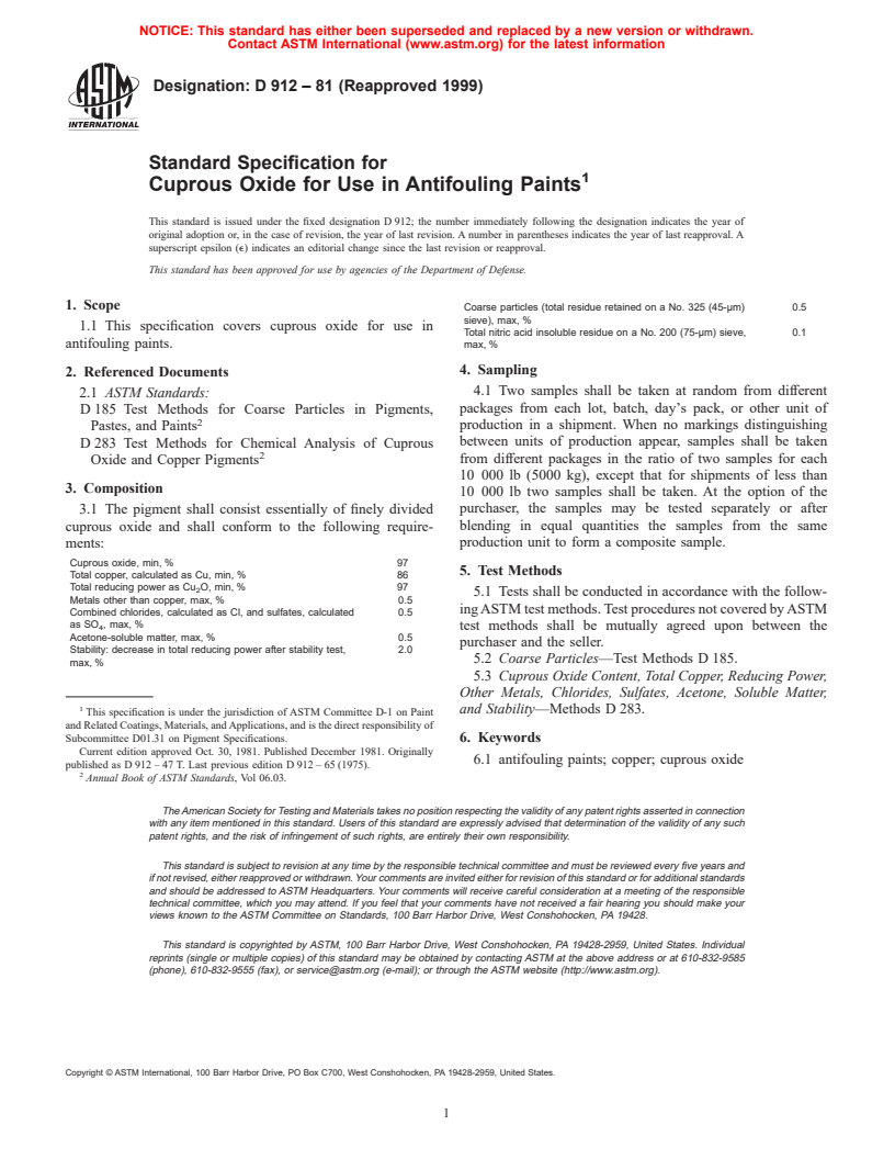 ASTM D912-81(1999) - Standard Specification for Cuprous Oxide for Use in Antifouling Paints (Withdrawn 2004)