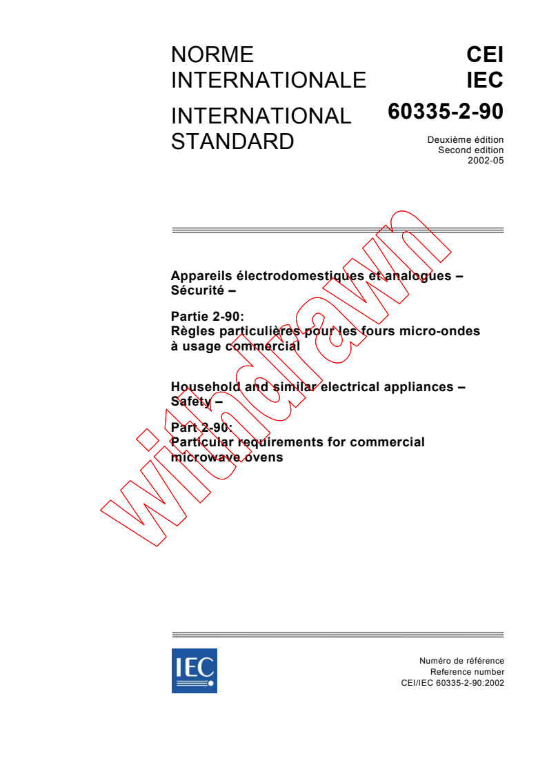 IEC 60335-2-90:2002 - Household and similar electrical appliances - Safety - Part 2-90: Particular requirements for commercial microwave ovens
Released:5/7/2002
Isbn:2831862930