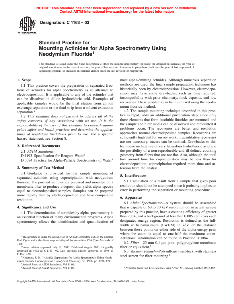 ASTM C1163-03 - Standard Practice for Mounting Actinides for Alpha Spectrometry Using Neodymium Fluoride