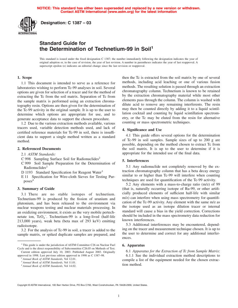 ASTM C1387-03 - Standard Guide for the Determination of Technetium-99 in Soil