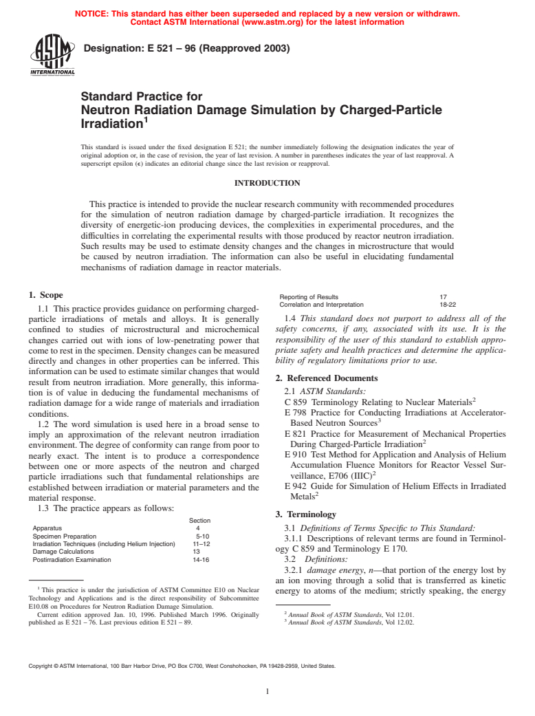 ASTM E521-96(2003) - Standard Practice for Neutron Radiation Damage Simulation by Charged-Particle Irradiation