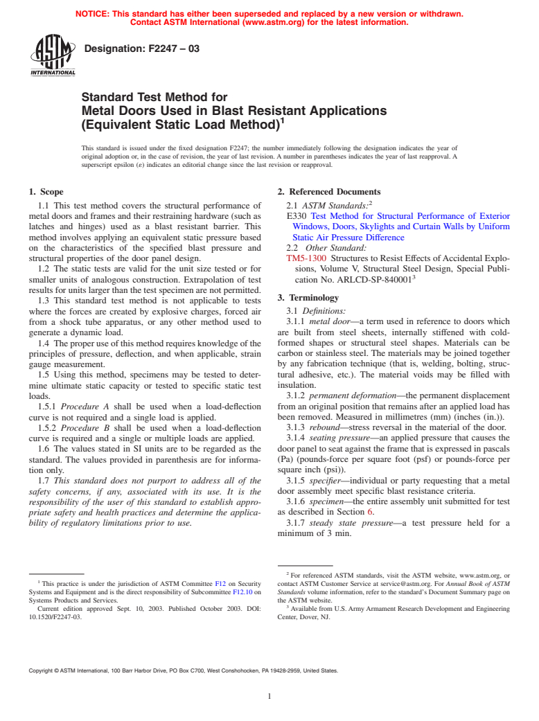 ASTM F2247-03 - Standard Test Method for Metal Doors Used in Blast Resistant Applications (Equivalent Static Load Method)