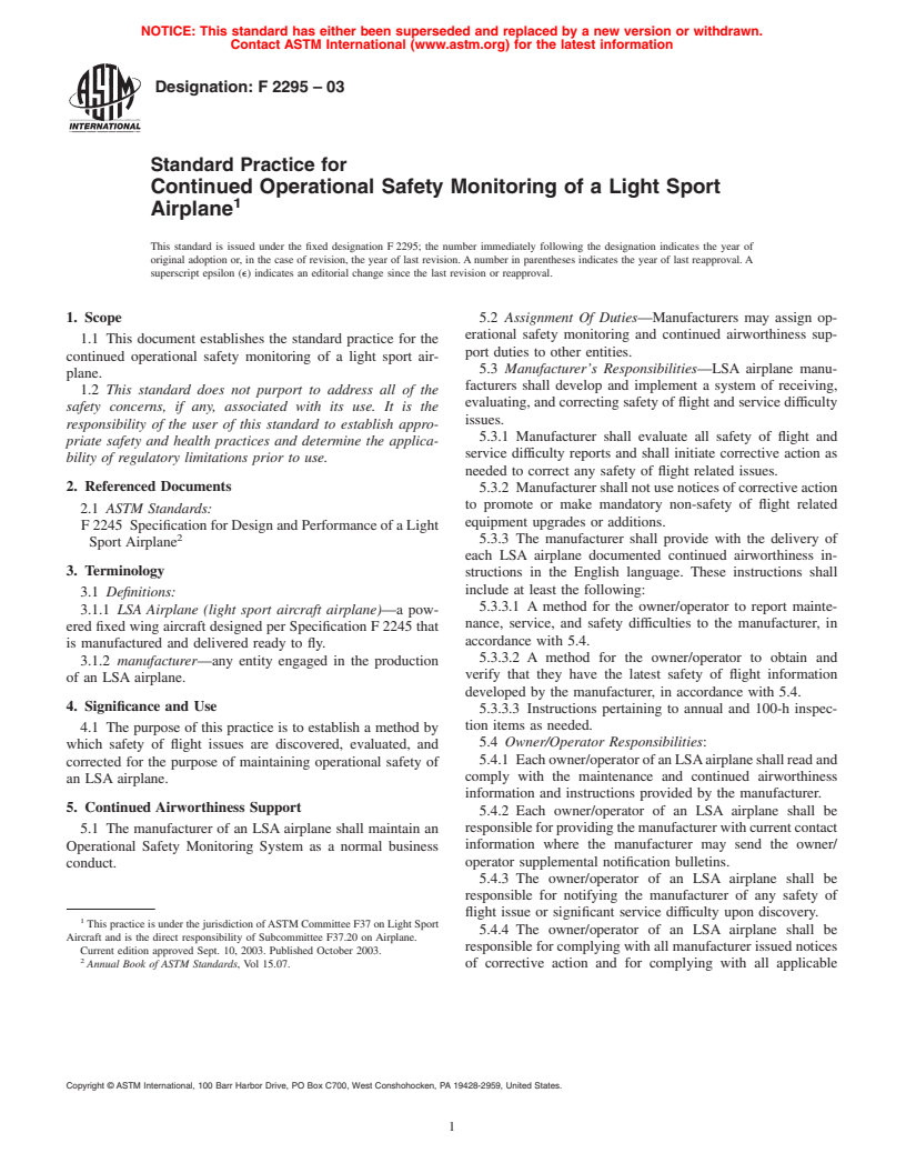 ASTM F2295-03 - Standard Practice for Continued Operational Safety Monitoring of a Light Sport Airplane