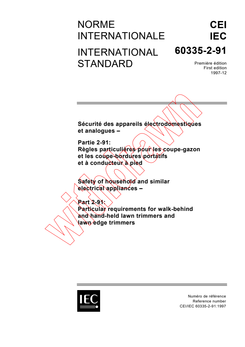 IEC 60335-2-91:1997 - Safety of household and similar electrical appliances - Part 2-91: Particular requirements for walk-behind and hand-held lawn trimmers and lawn edge trimmers
Released:12/22/1997
Isbn:2831841313