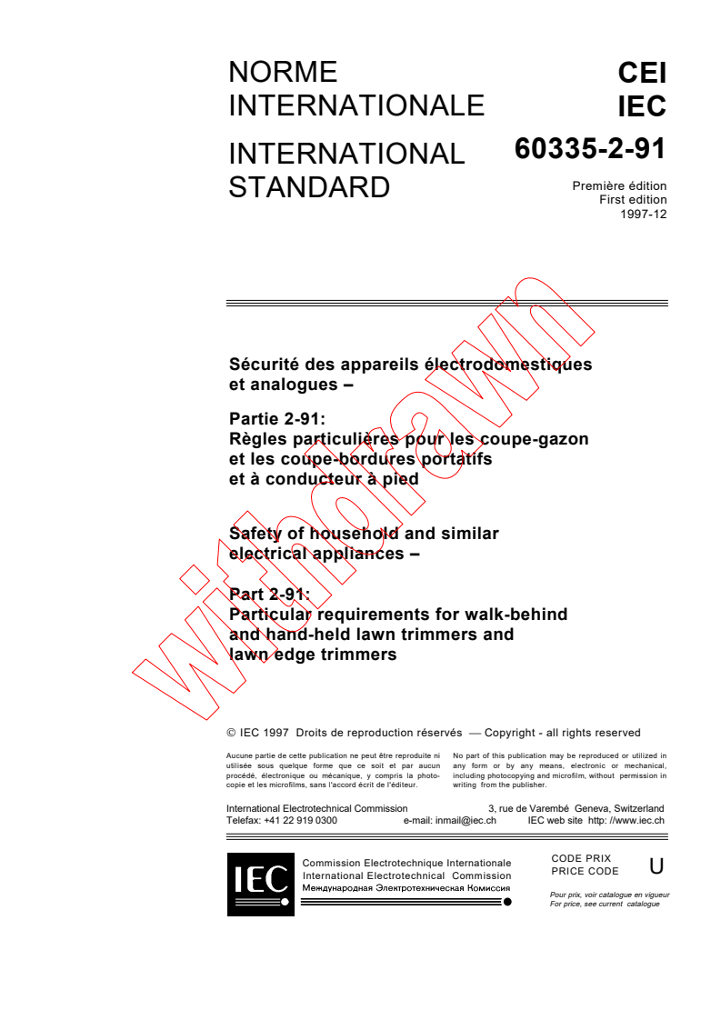 IEC 60335-2-91:1997 - Safety of household and similar electrical appliances - Part 2-91: Particular requirements for walk-behind and hand-held lawn trimmers and lawn edge trimmers
Released:12/22/1997
Isbn:2831841313