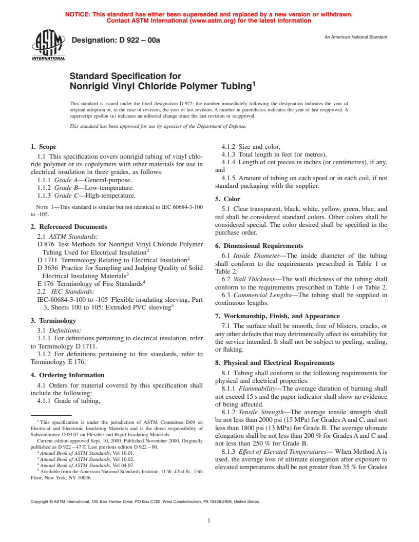 ASTM D922-00a - Standard Specification for Nonrigid Vinyl Chloride Polymer Tubing