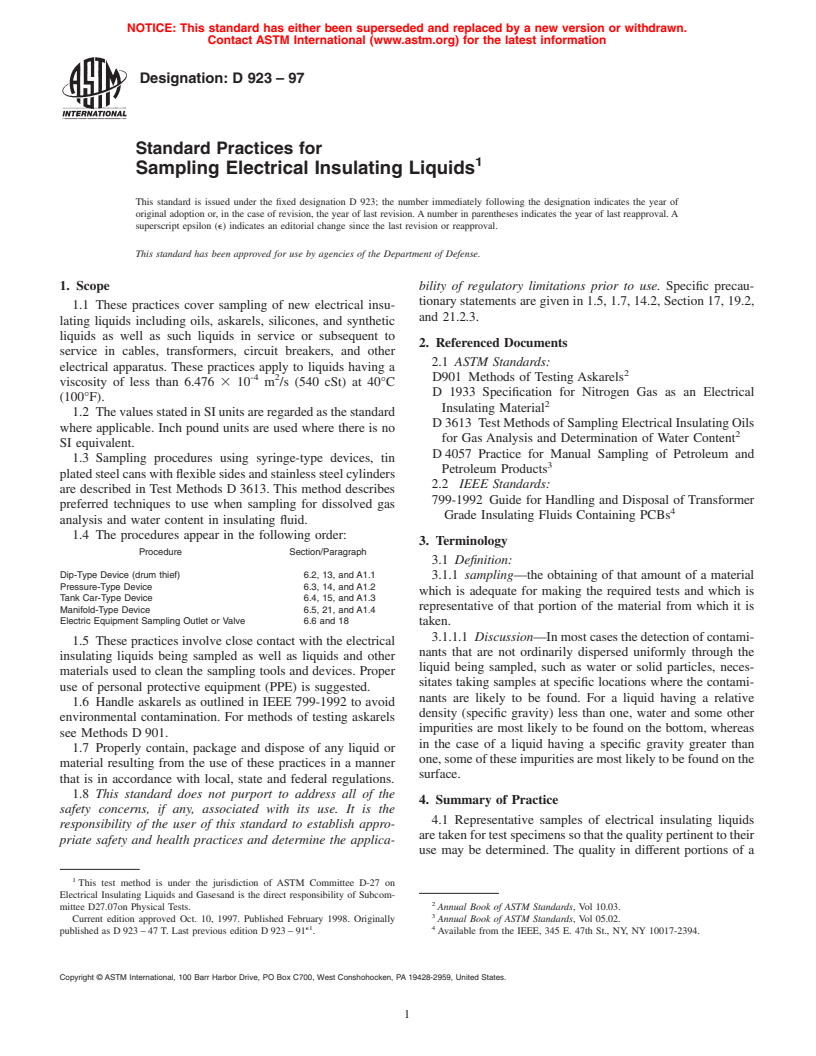 ASTM D923-97 - Standard Practices for Sampling Electrical Insulating Liquids (Withdrawn 2006)