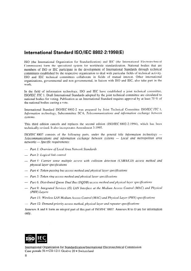 ISO/IEC 8802-2:1998 ISO/IEC 8802-2:1998 - Information technology -- Telecommunications and information exchange between systems -- Local and metropolitan area networks -- Specific requirements - Page 4 preview