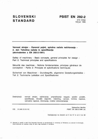 P EN 292-2:1996 - Opomba: standard je izšel februarja 1996 in ne okrobra 1995