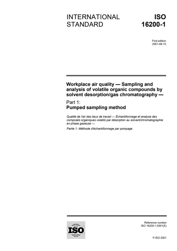 ISO 16200-1:2001 - Workplace air quality -- Sampling and analysis of volatile organic compounds by solvent desorption/gas chromatography